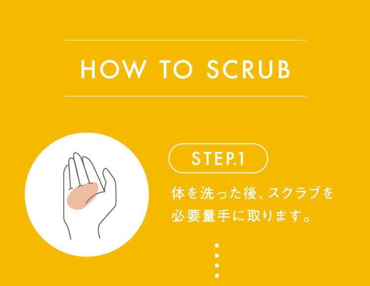HOW TO SCRUB STEP.1 体を洗った後、スクラブを必要量手に取ります。